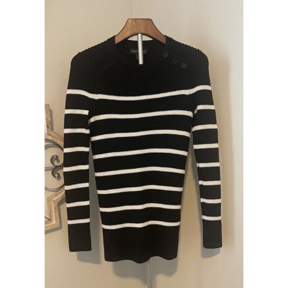 Women's Banana Republic Black & White Striped Merino Wool Blend Sweater Sz S